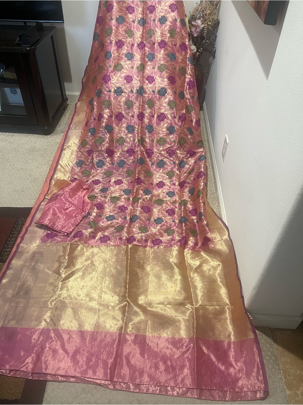 Gorgeous Floral Woven Pink Kora Silk Benarasi Saree With Stitched Blouse Sz 42